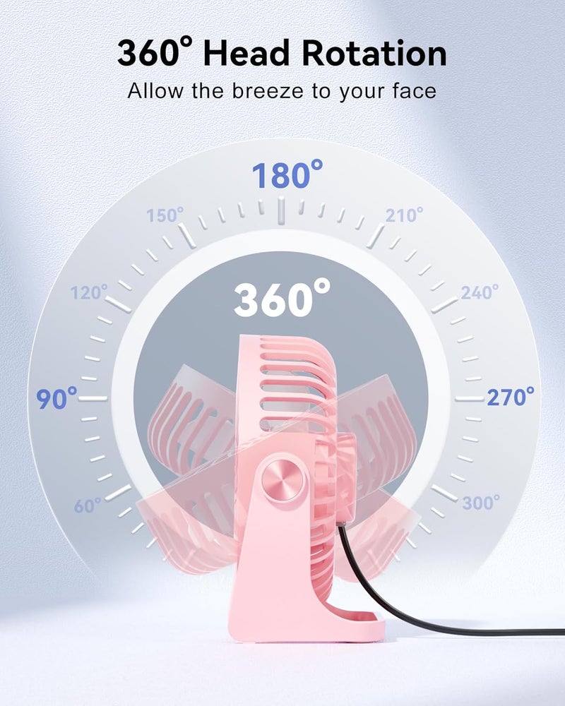 Edvision USB Desk Fan, 5 Inch Small Portable, 3 Speeds Powerful Wind Mini Personal Desktop Fan 360° Rotation Adjustable, Plug In USB Fan Quiet for Table Home Office Travel Car(Pink) - Image 3